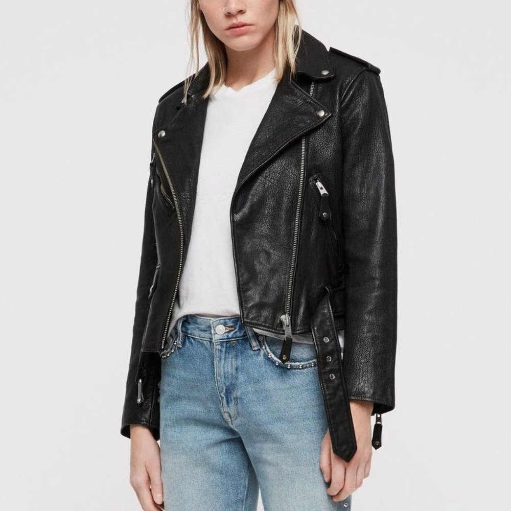AllSaints Sarana Leather Biker Jacket, Black, Size 0